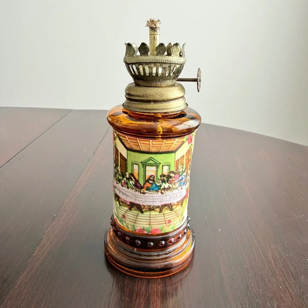 Vintage Amber Glass Miniature Oil Lamp The Last Supper Religious Lantern 6 inch
